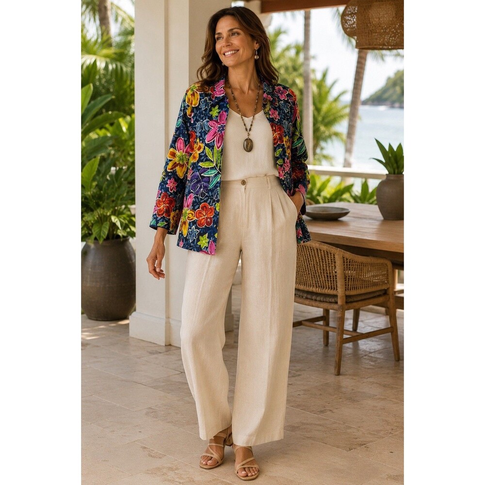 Chico’s Design 100% Silk Slub Floral Beaded Jacket Blue Multicolor Size 1 - Picture 11 of 11